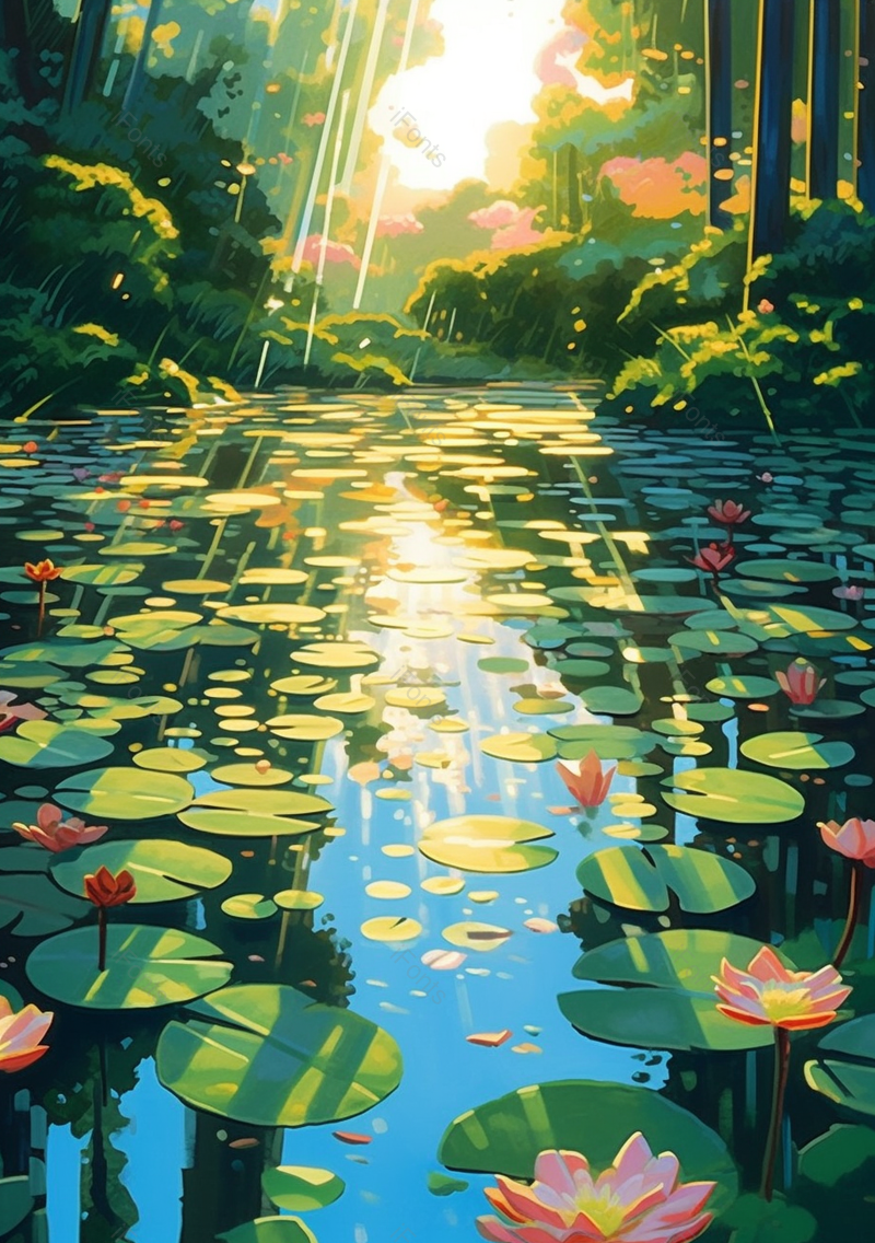 绿色夏日透光的荷花塘插画,插画/手绘图,插画/手绘图库,插画/手绘图下载,插画/手绘